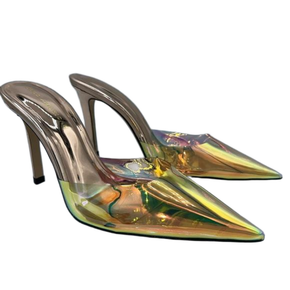 GOOD AMERICAN Cinderella slip on heels Women’s size 7.5 translucent rainbow NIB